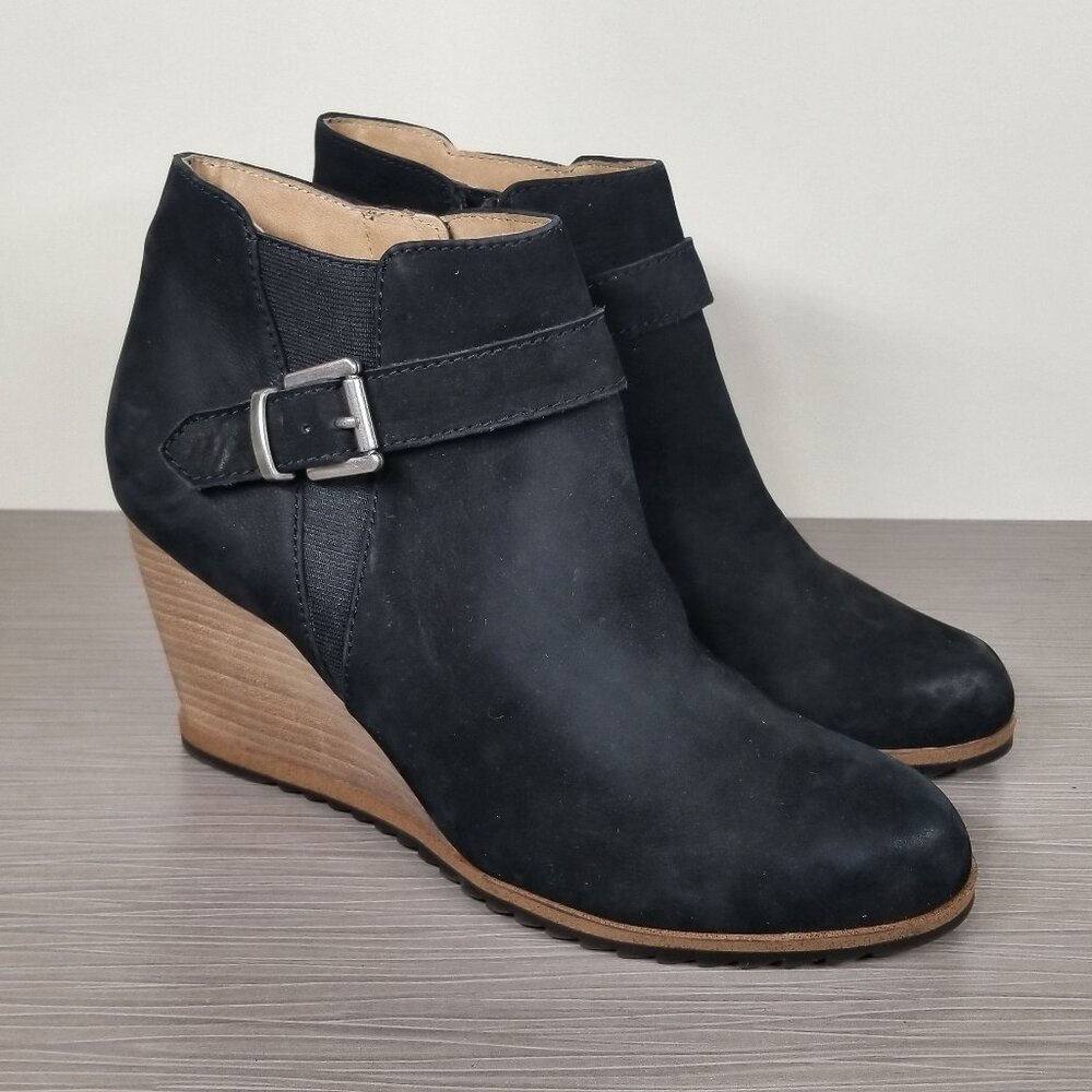 Caslon Addison Stacked Heel Wedge Bootie, Black Leather, Womens Size 11 & 12